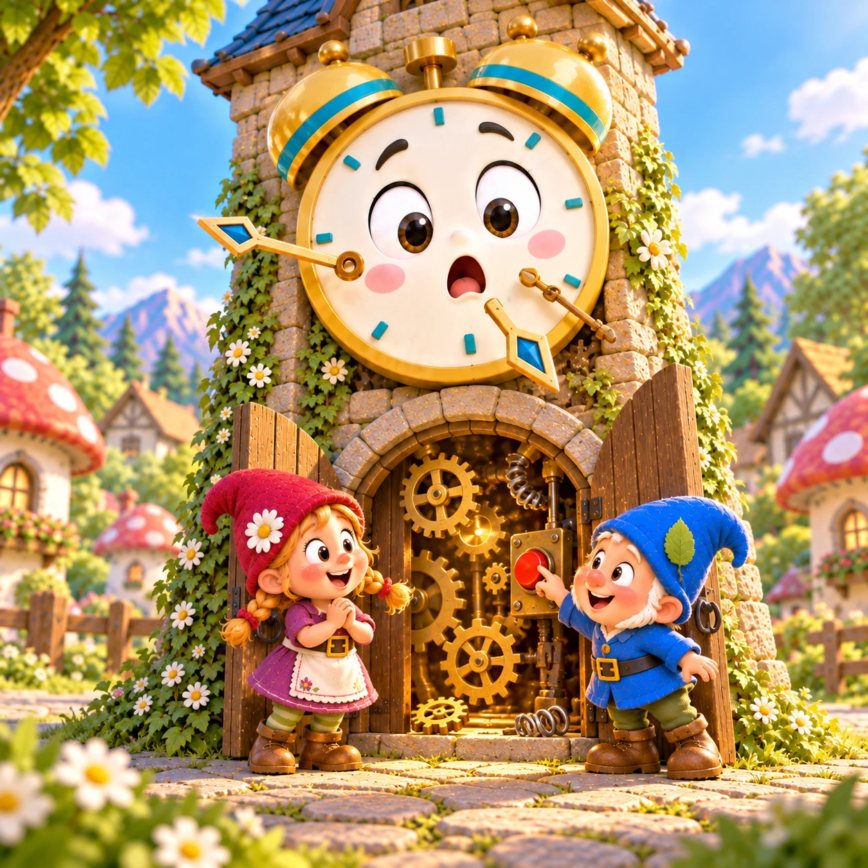 Tikki, de vrolijke gouden klok, staat met Pip en Puk in het kabouterdorp.